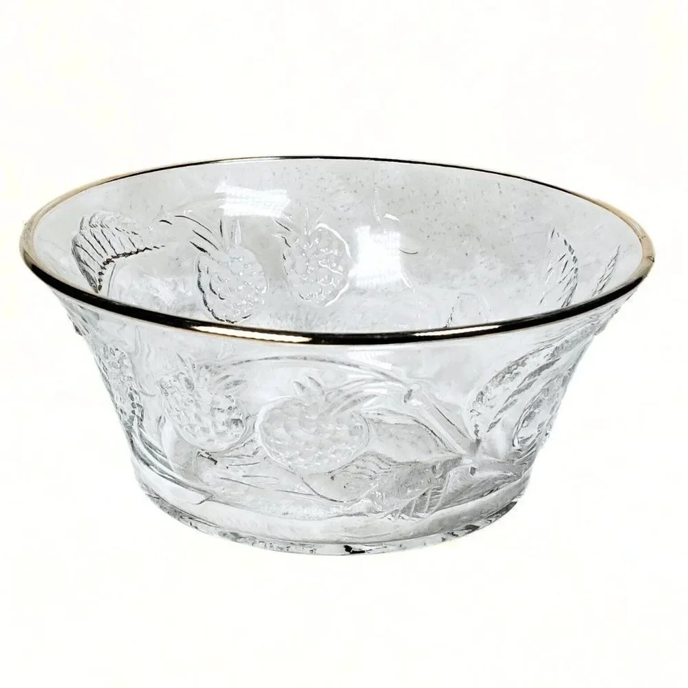 Bowl Wild Berry Clear Glass Gold Rim France Embossed Berry & Vines France 5-inch
